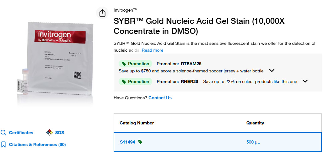 SYBR Gold Nucleic Acid Gel Stain (10,000X Concentrate) 500ul Invitrogen S11494