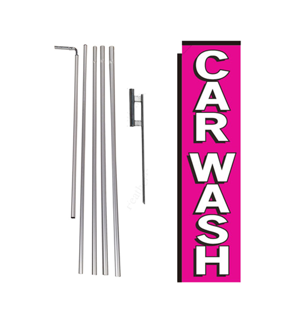 Car Wash pink/white 15′ Advertising Rectangle Banner Flag w/ pole+spike swooper