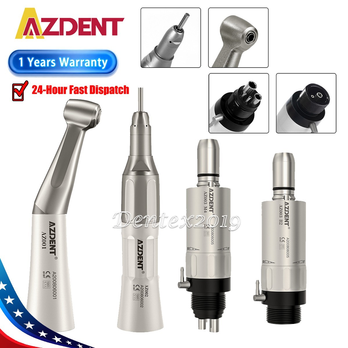 AZDENT Dental Handpiece Slow Low Speed Contra Angle Straight Air Motor 2/4Hole