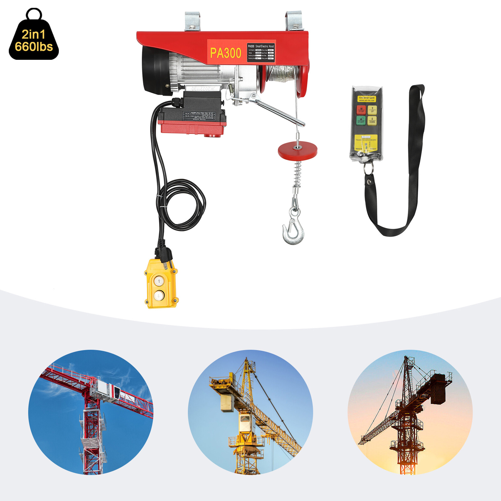 Electric Hoist 660LBS with Wireless Remote Control & Single/Double Slings Winch