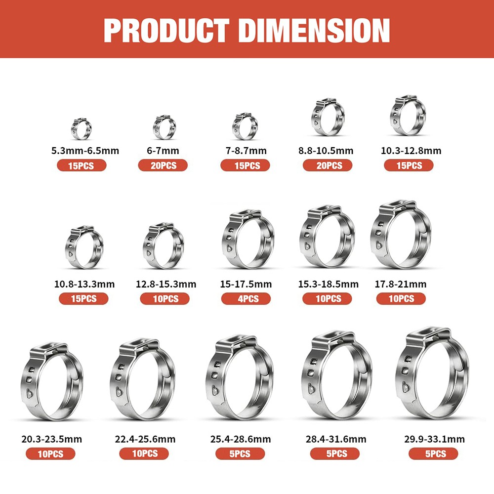 160X Single Ear Hose Clamps 304 Stainless Steel Crimp Hose Clamp Crimp Tools Kit