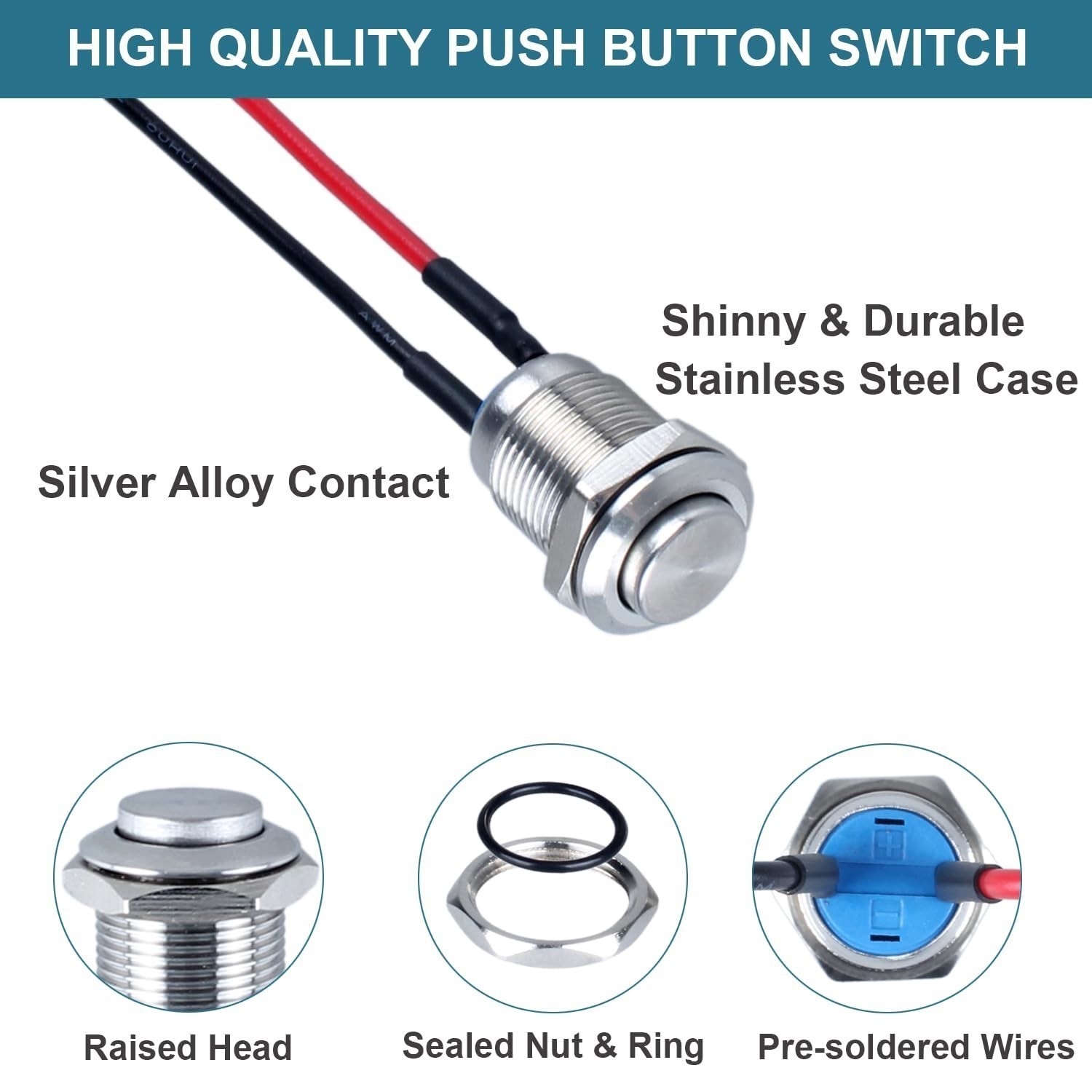 5Pcs 12mm Waterproof Round Momentary Push Button Switch Stainless Steel