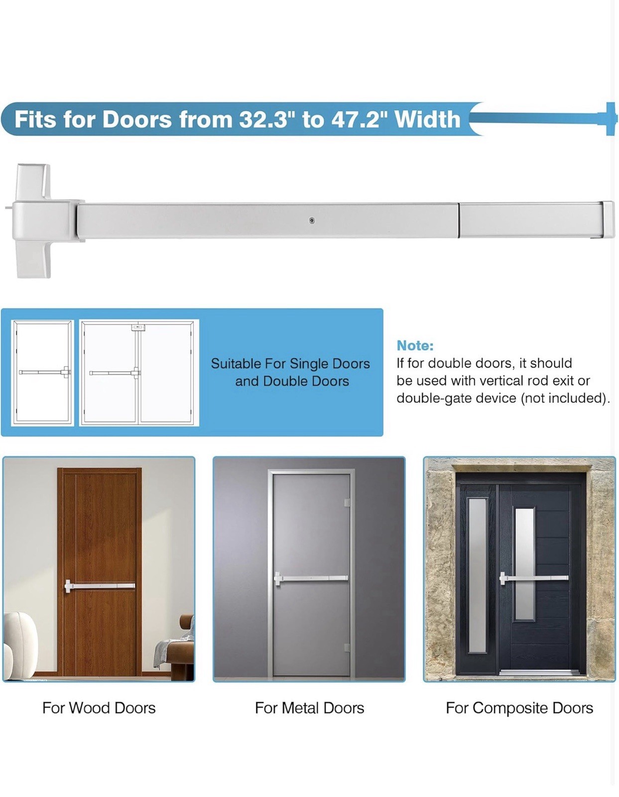 IRONWALLS Door Push Bar Panic Exit Device Aluminum Handle Lever SILVER 32-47″