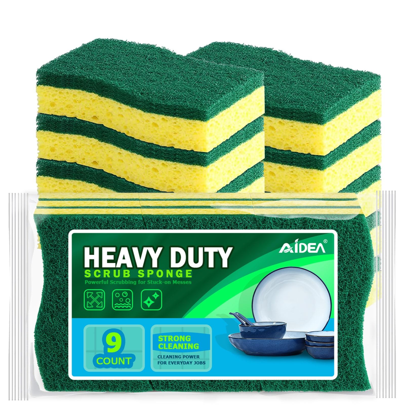 AIDEA Sponges Kitchen, 9Count, Dish Sponges, Heavy-Duty Sponge 9 Count, Green