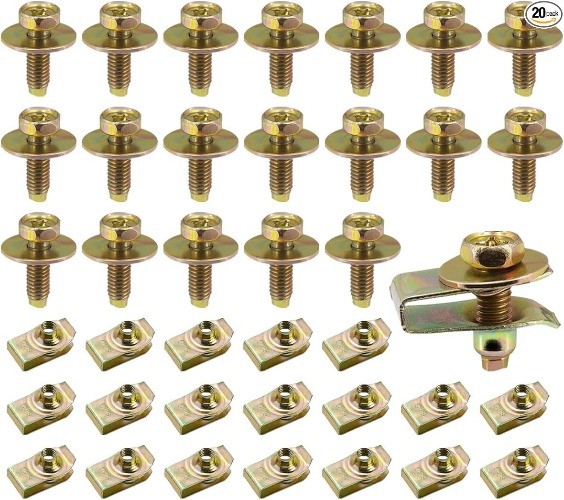 M6-1.0 Car Underbody Fastener Kit, 40PCS Metal Bolts, U Nuts, and Size: 40PCS