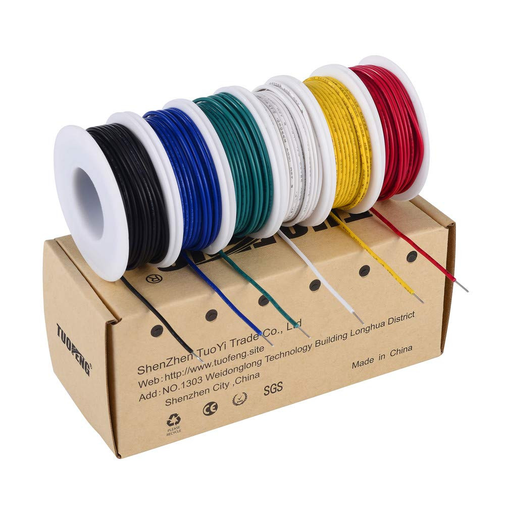 22 AWG Wire Solid Core Hookup Wire, 6 Different Colored Breadboard Wires 30Ft Ea
