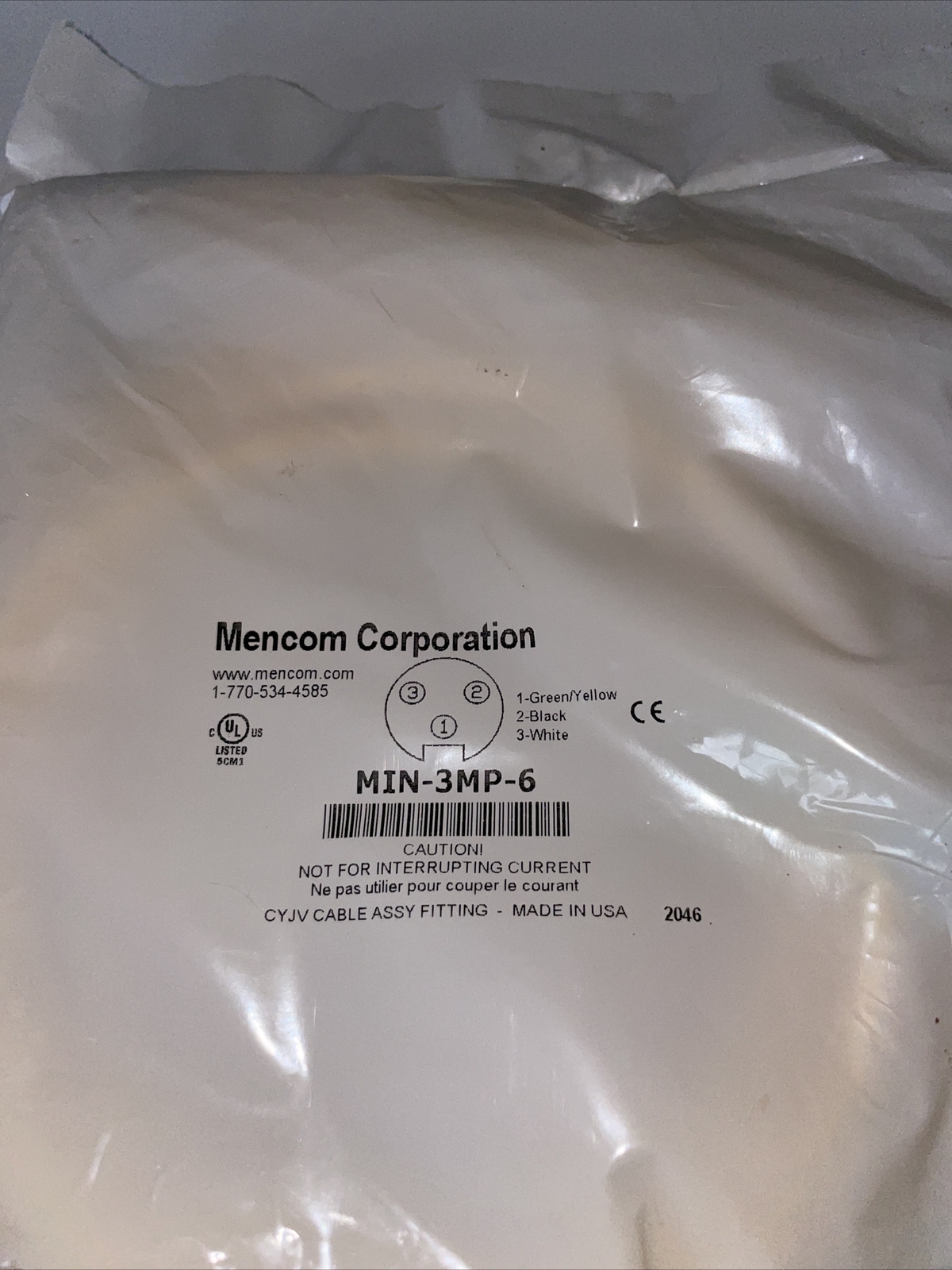 Mencom Corporation MIN-3MP-6 MIN 3MP 6 NEW IN Sealed Package 3 Pin Cord 600V 13A