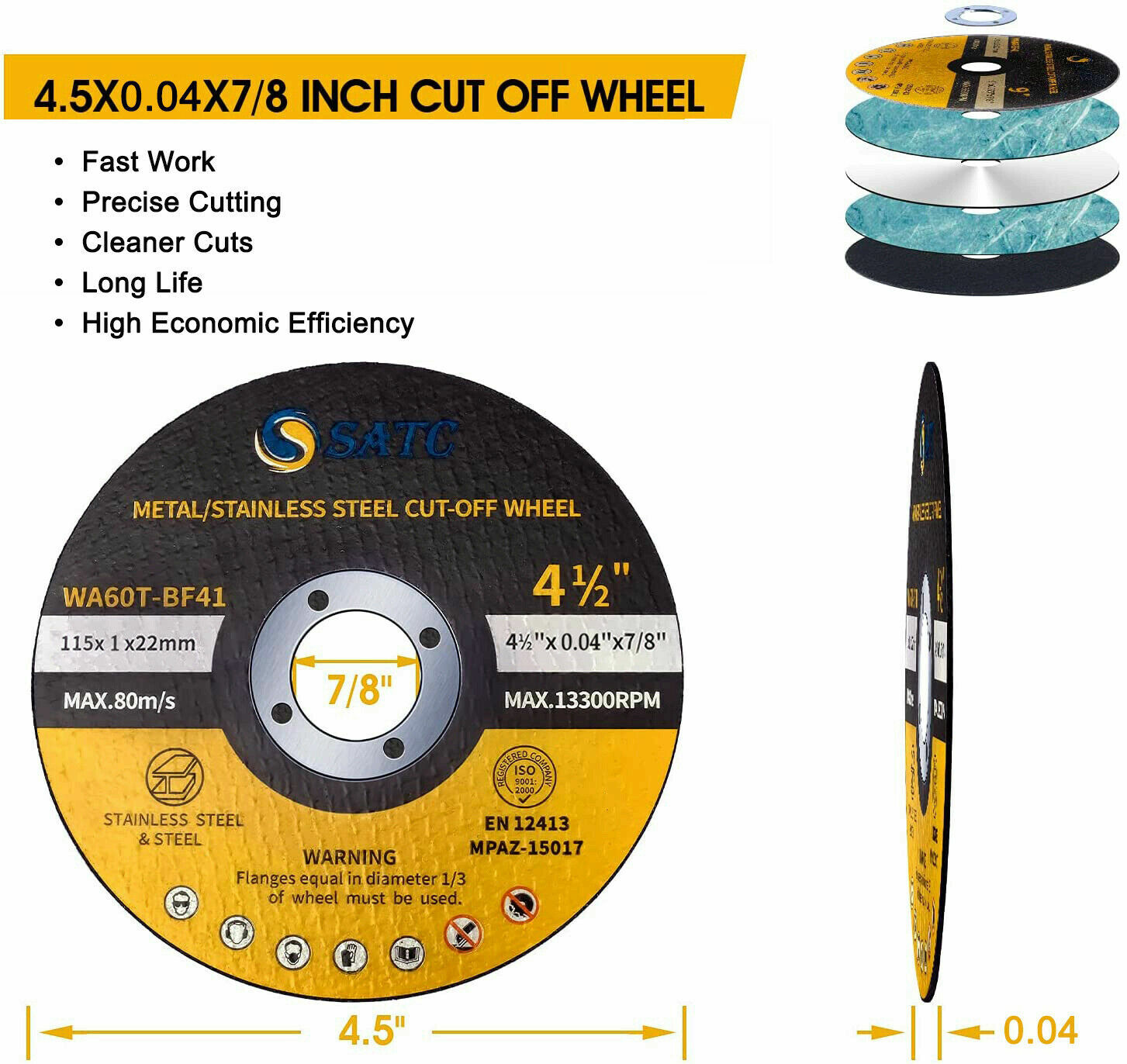 100 PCS 4-1/2″ x .040″ x 7/8″ Cut off Wheels Stainless Steel Metal Cutting Discs