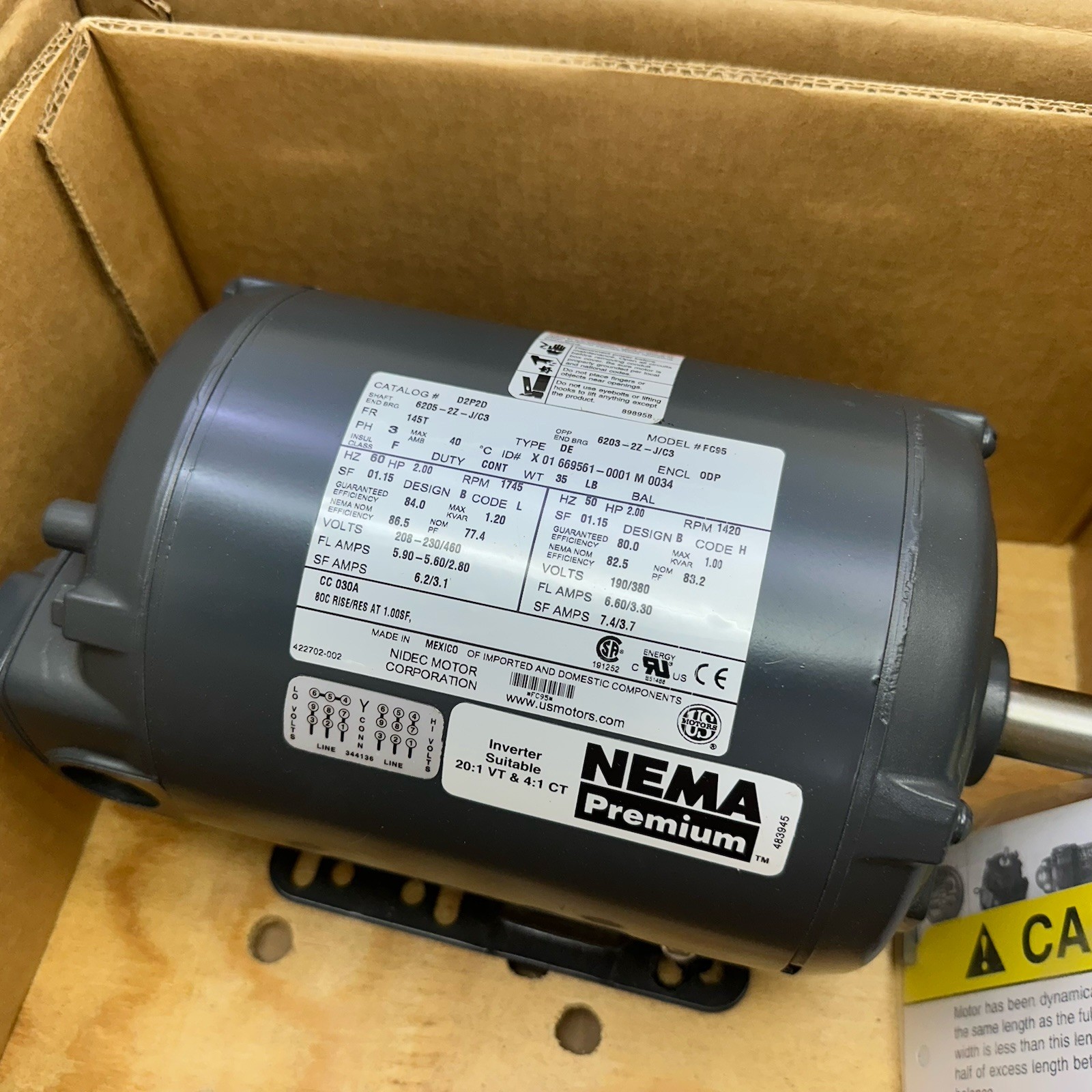 NEMA / D2P2D, 2HP, 1745 RPM, 3 Phase 208-230/460V, 145T frame, ODP, Model FC95