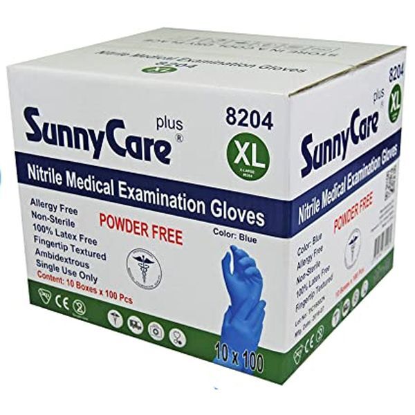 SunnyCare Plus Nitrile Exam Gloves, XL, Powder-Free, Blue, 1000/Case.