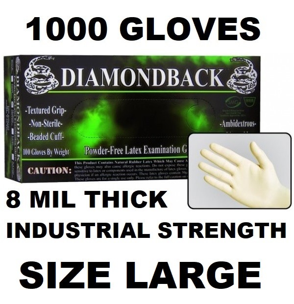 DIAMOND BACK Latex Exam Gloves, Textured Grip, 8 mil, Case of 1000, Size LARGE