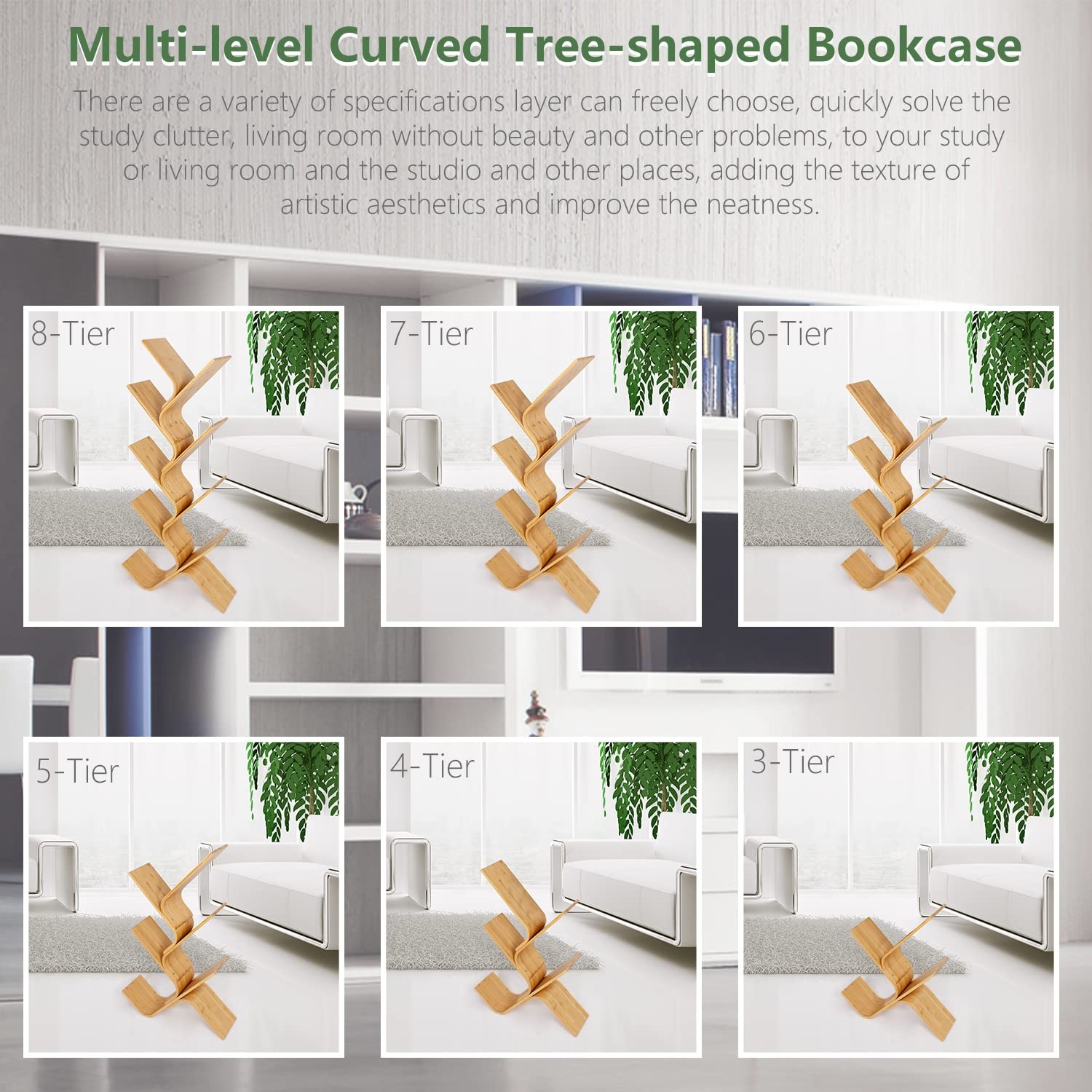 Briteman 8-Tier Floor Bamboo Tree Modern Standing Bookcase Office Book Storage