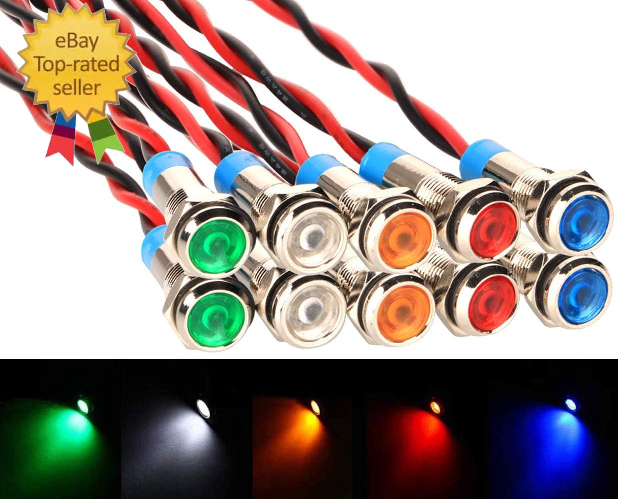 10Pcs 6Mm 1/4″ AC/DC 12-24V LED Metal Indicator Light Waterproof Signal Lamp Pil