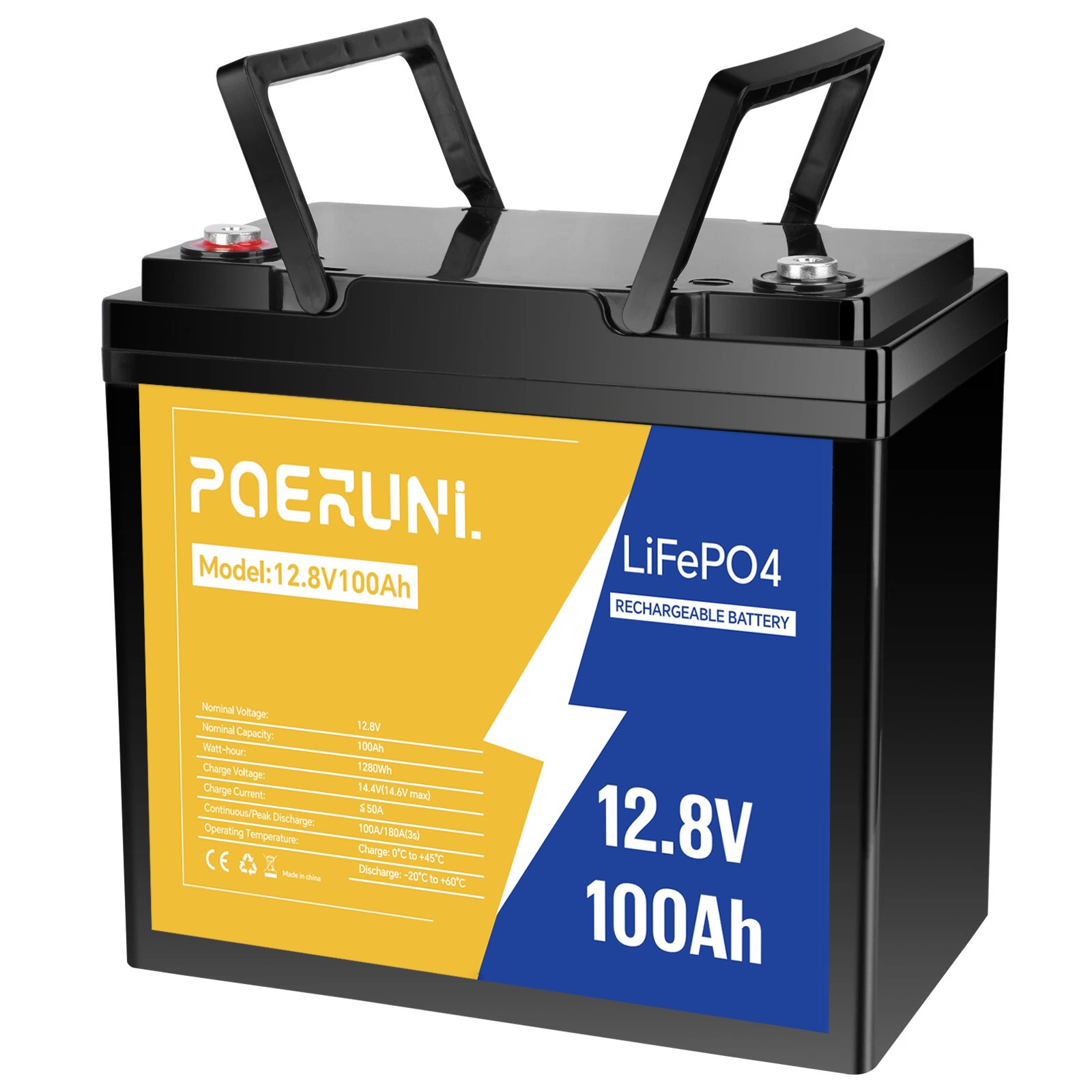 POERUNI 12V 100Ah LiFePO4 Deep Cycle 15000+ Lithium Battery Built-in BMS RV NEW