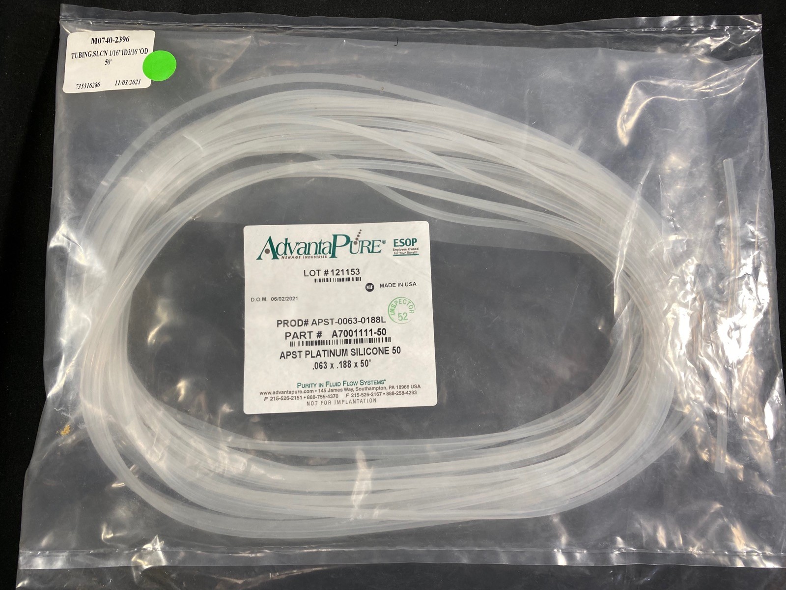 ADVANTAPURE PST Platinum Silicone Tubing 1/16in ID x 0.188in OD A7001111-50 50ft