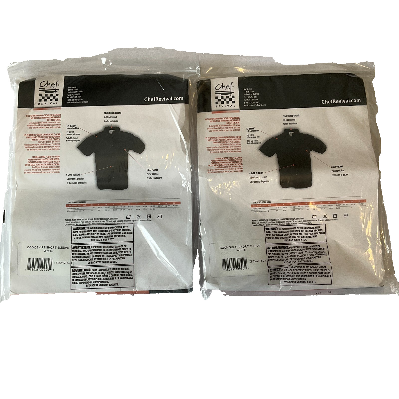 Chef Revival Basic Cook Shirts Unisex Adult Size 2XL White Short Sleeve Snap 2