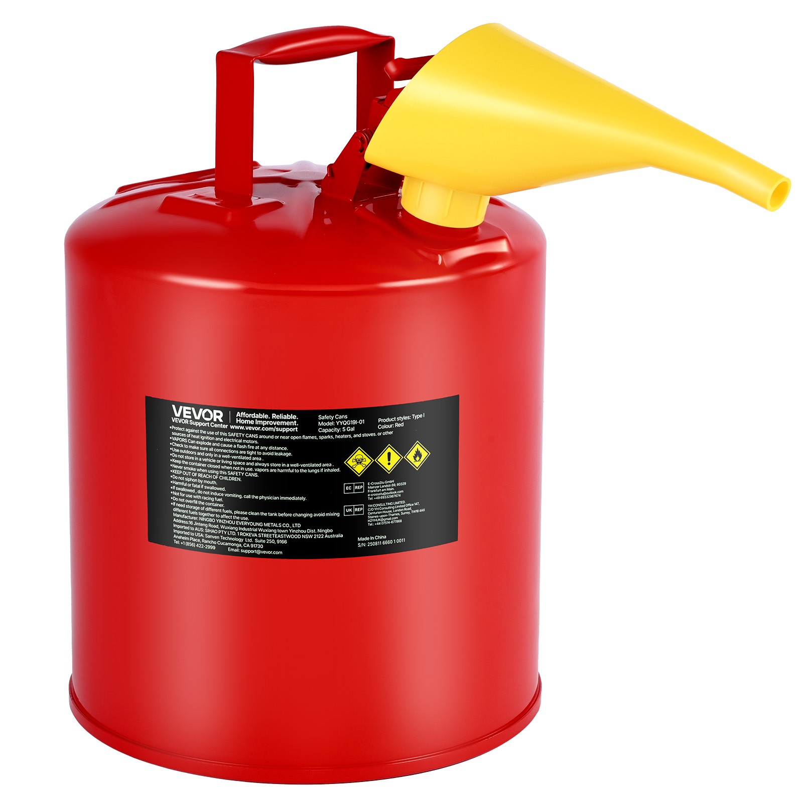 VEVOR Safety Gas Can 5 Gallon Type I Red Safety Can with Flame Arrester & Funnel