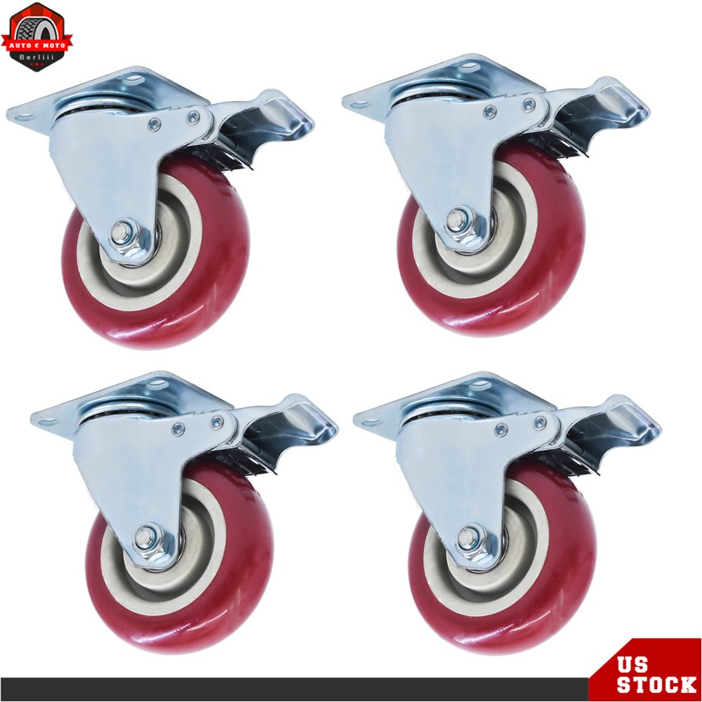 4 × Heavy Duty Caster Set 4″ Wheels All Swivel All Brake Casters Non Skid