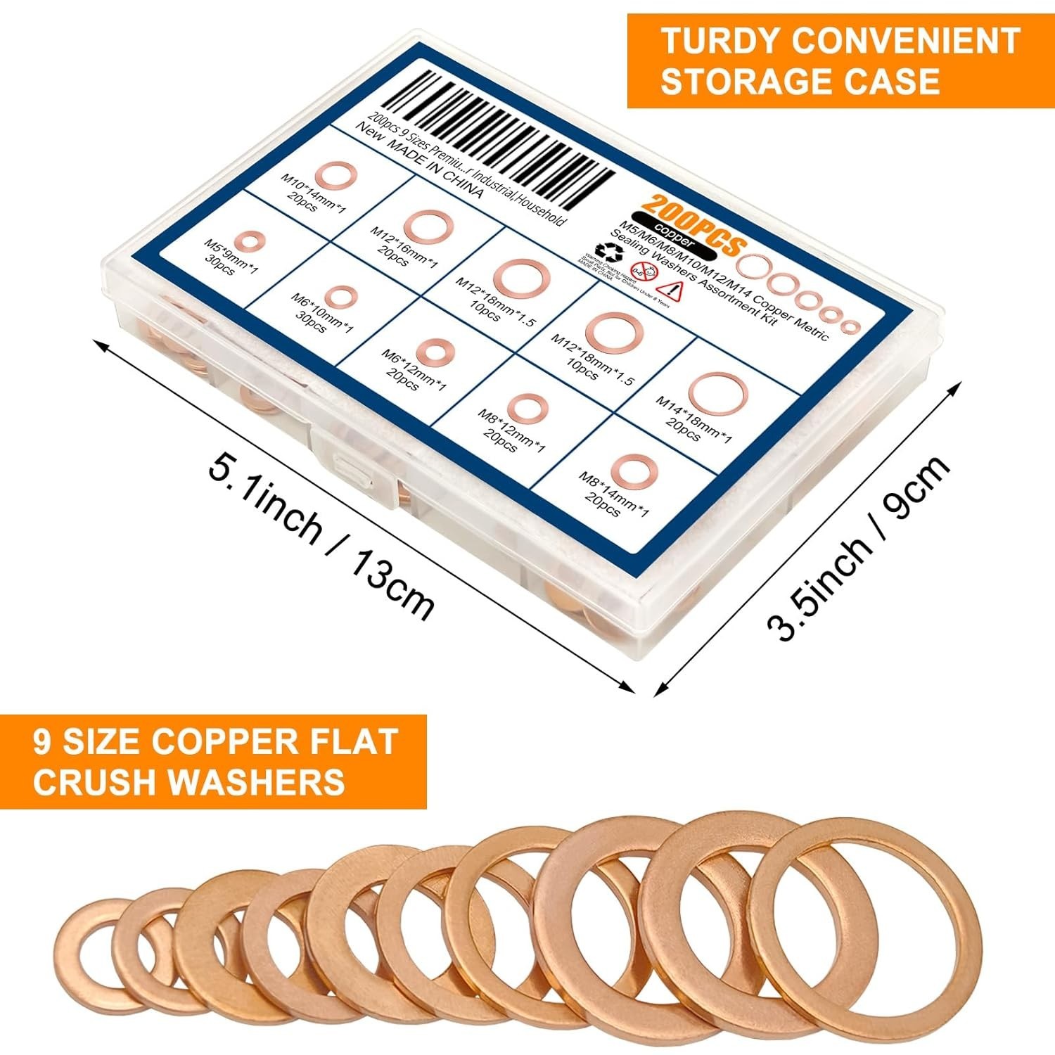 200pcs 9 Sizes Copper Metric Sealing Crush Washers Assortment Kit,Flat Seali…