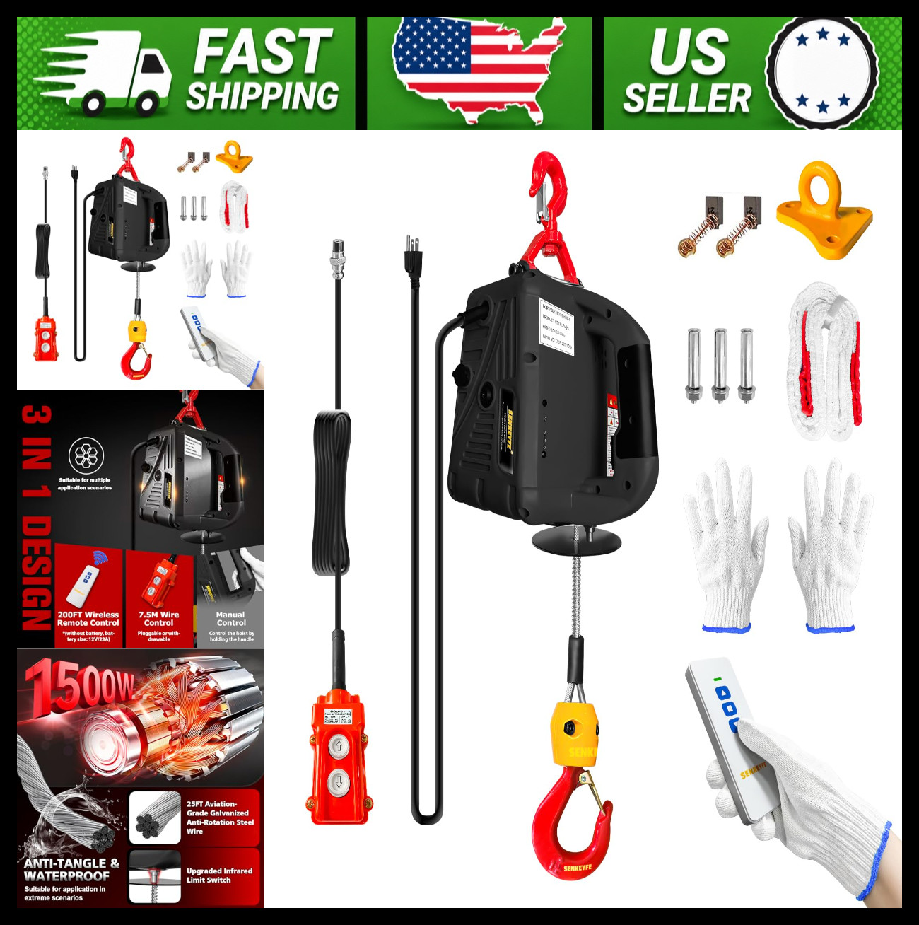 Electric Portable Hoist Winch 1540 lb 110V 25 ft with Lifting Strap