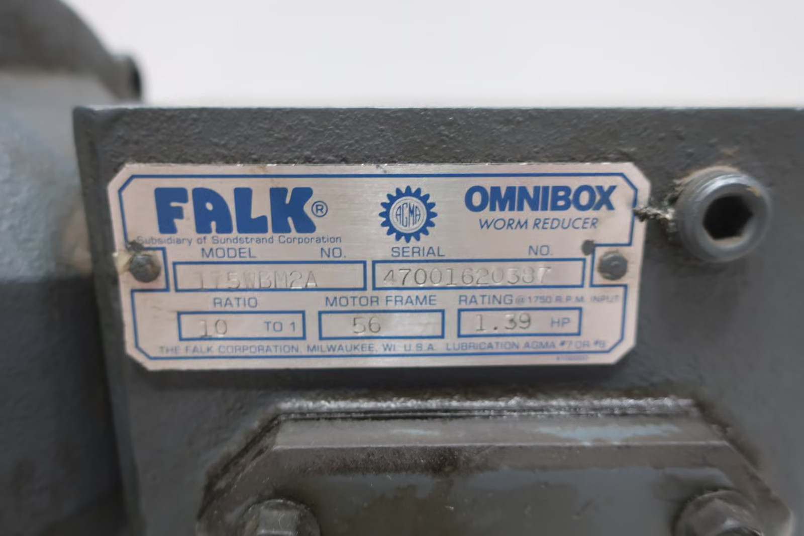 Falk 175WBM2A Omnibox Right Angle Gear Reducer 56c 5/8in 7/8in 1.39hp 10:1