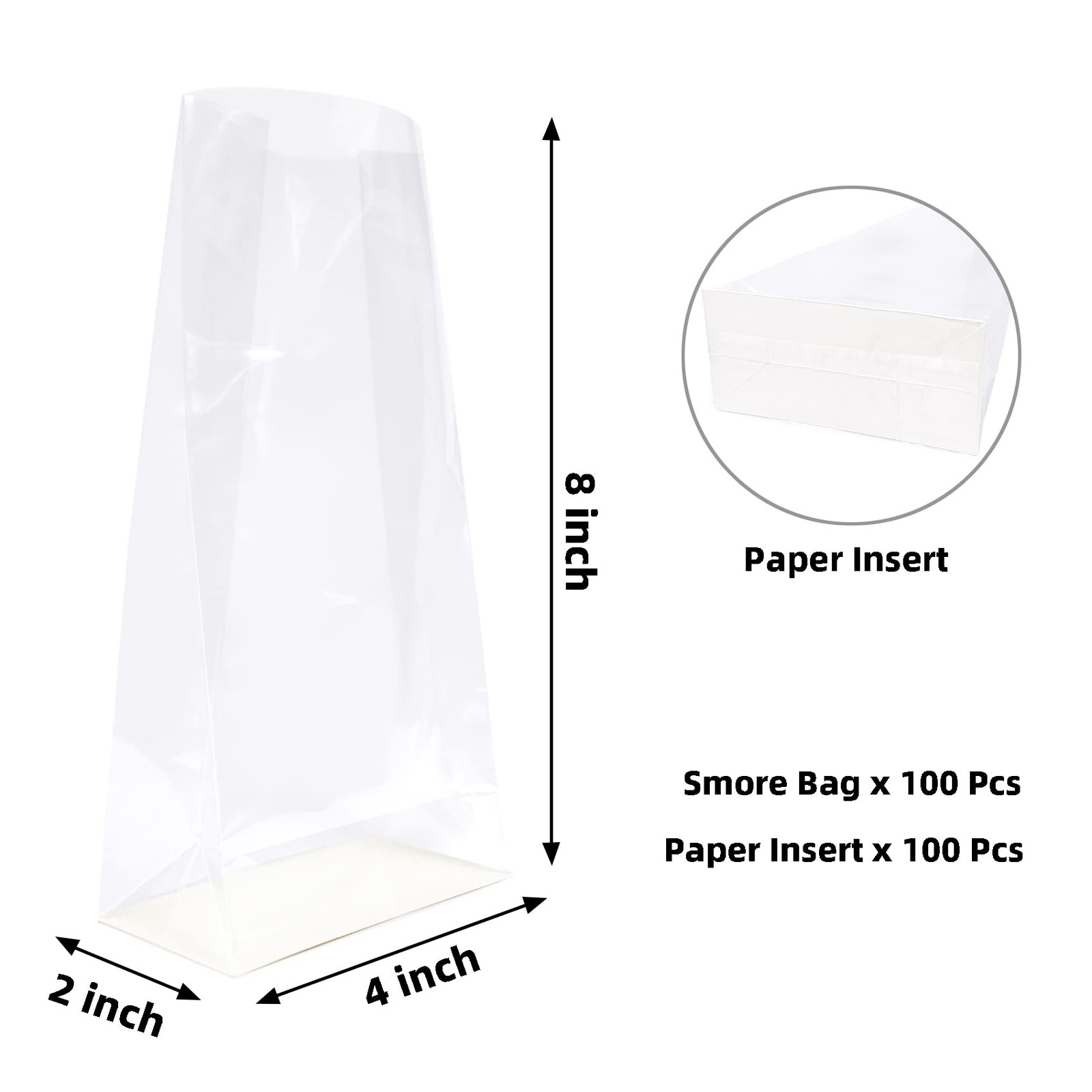 100 PCS 4x2x8 Inch Gusseted Flat Bottom Cellophane Smores Bags Paper Insert