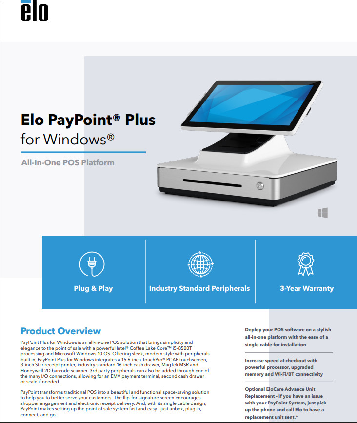 ELO Cash Register PayPoint Plus POS System i5-8500T / 15.6″ Windows 10 8Gb Ram