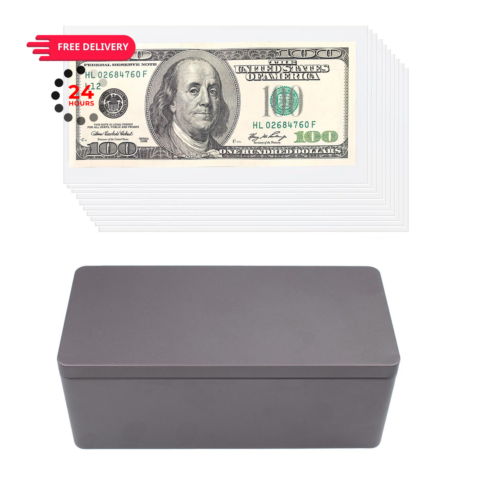 Black Metal Cash Box with 100 PCS Clear Paper Money Holders, Dollar
