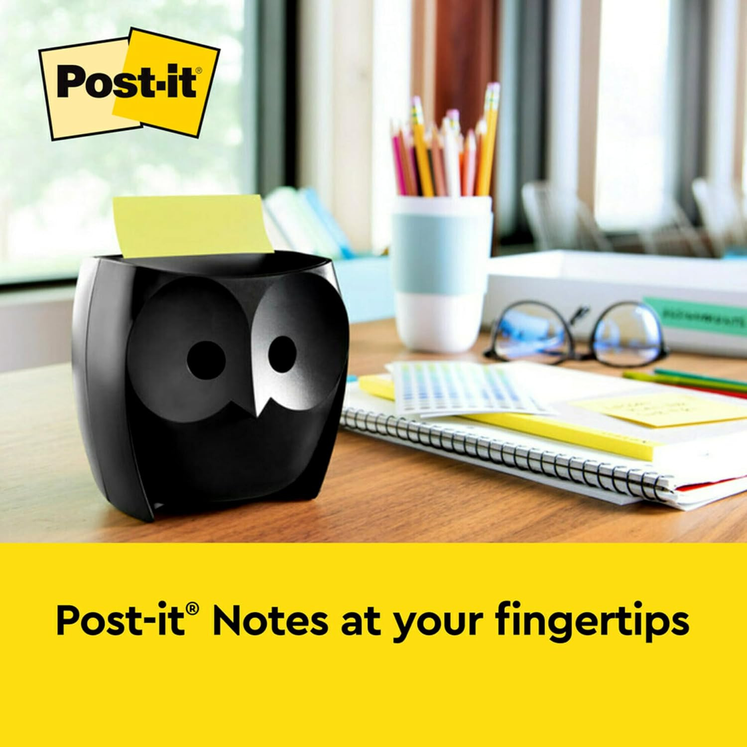 Post-It Note Dispenser, Black Owl Design, 1 Dispenser, 1 Pad, 45 Sheets