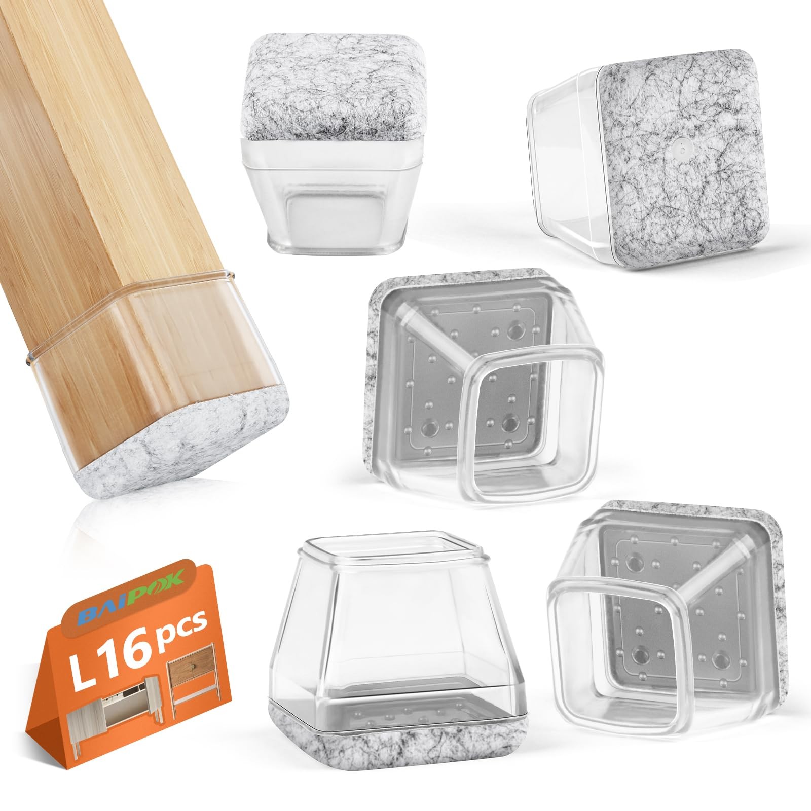 16Pcs Square Chair Leg Floor Protectors with Thickened Felt Pads Large, Clear