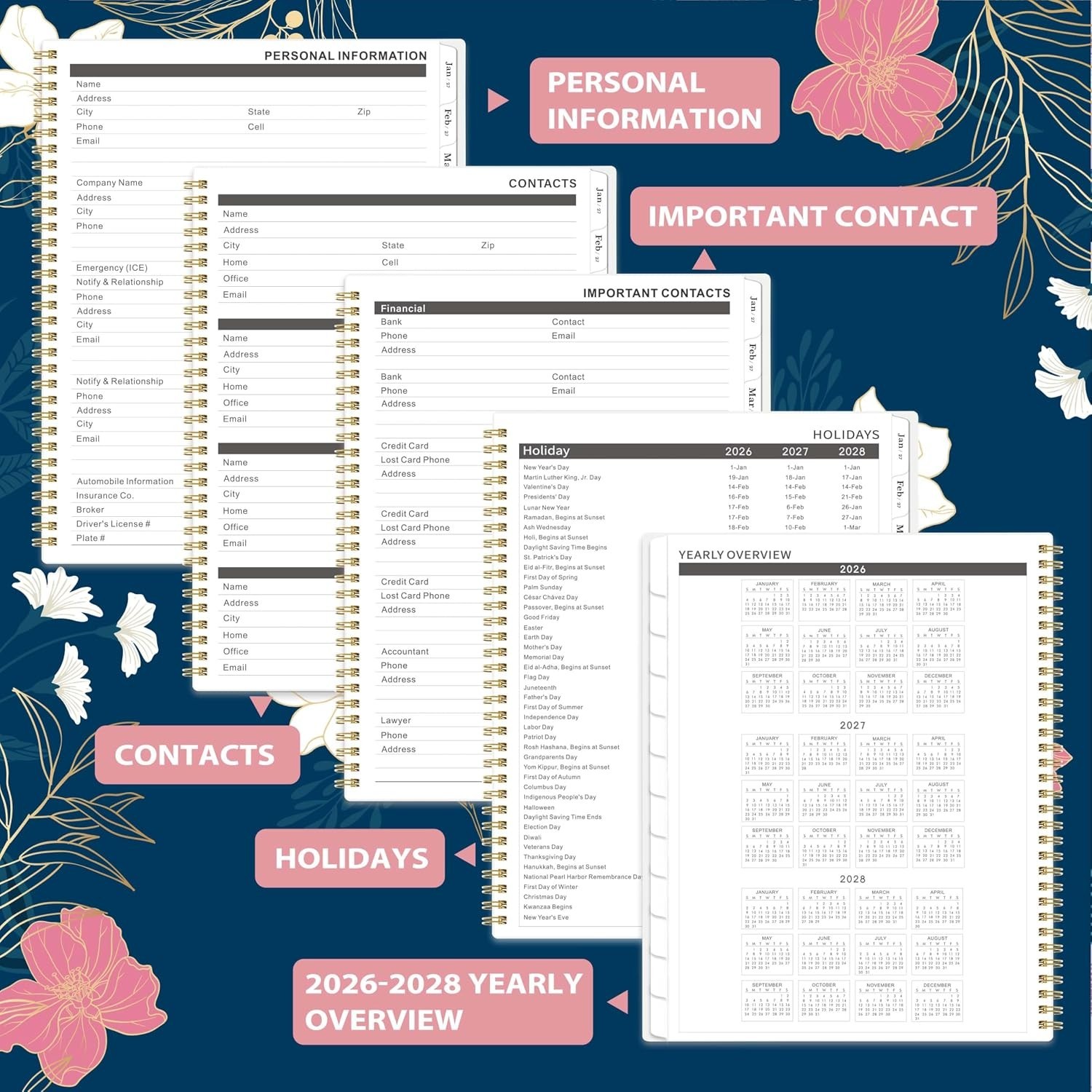 2026-2028 Elegant Desk Calendar 9″ x 11″ – Functional Monthly Planner with Tabs