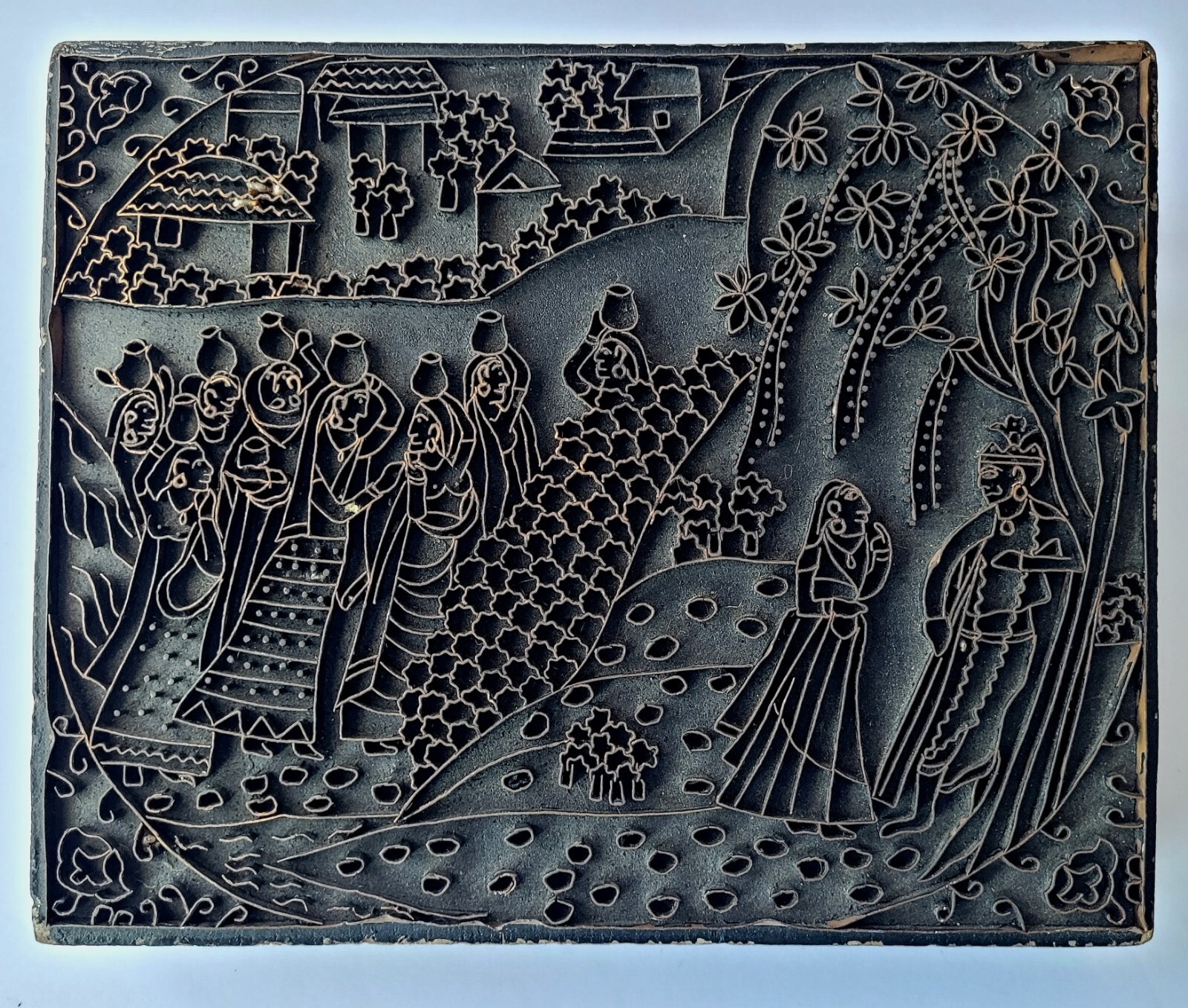 Large Wood Metal Textile Art Asia India Stamp Printing Block OAK People Village