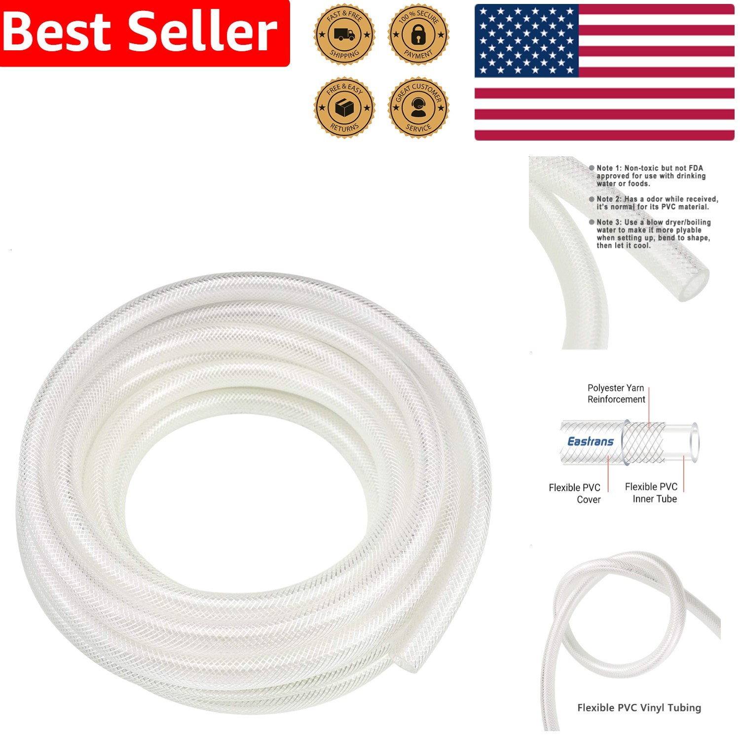 ID x 10 Ft Clear Heavy Duty PVC Vinyl Braided Tubing Flexible Hose