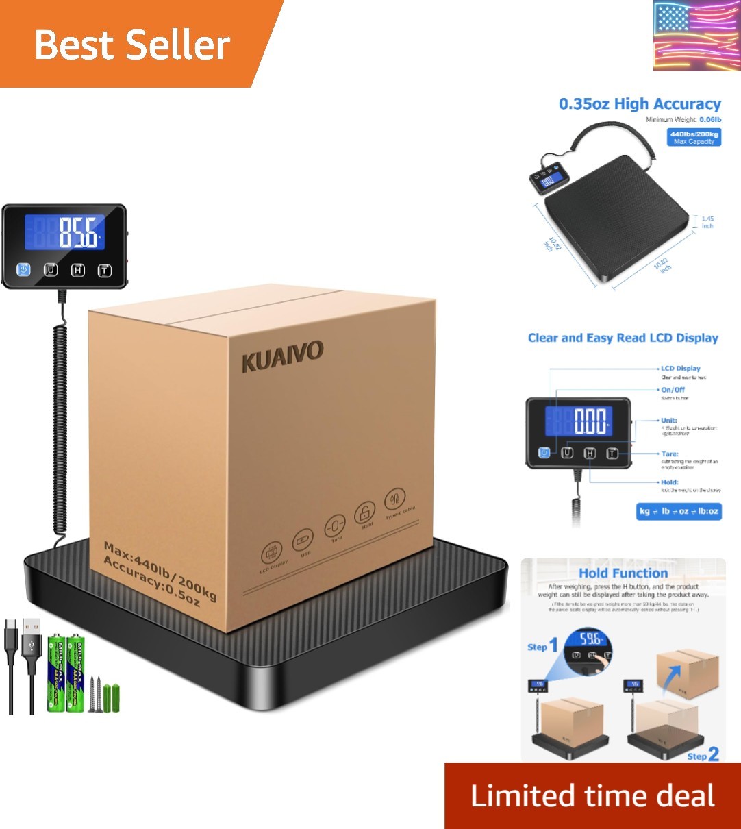 Shipping Scale, 440 lbs/0.35oz High Accurate Digital Postal Scale with Hold/T…