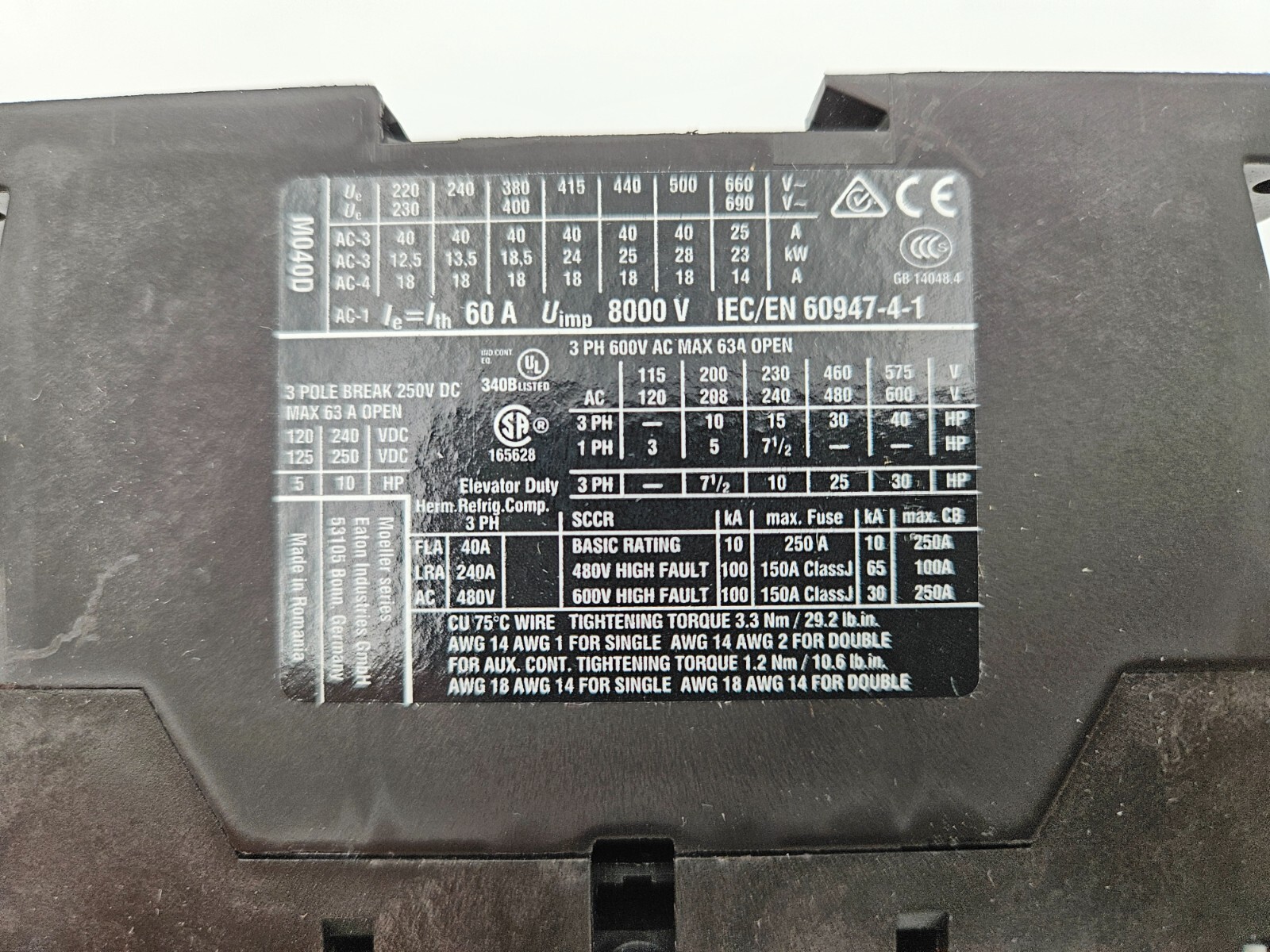 Eaton DILM40 Contactor 40A 3-Pole 230-240V AC Coil New In Box