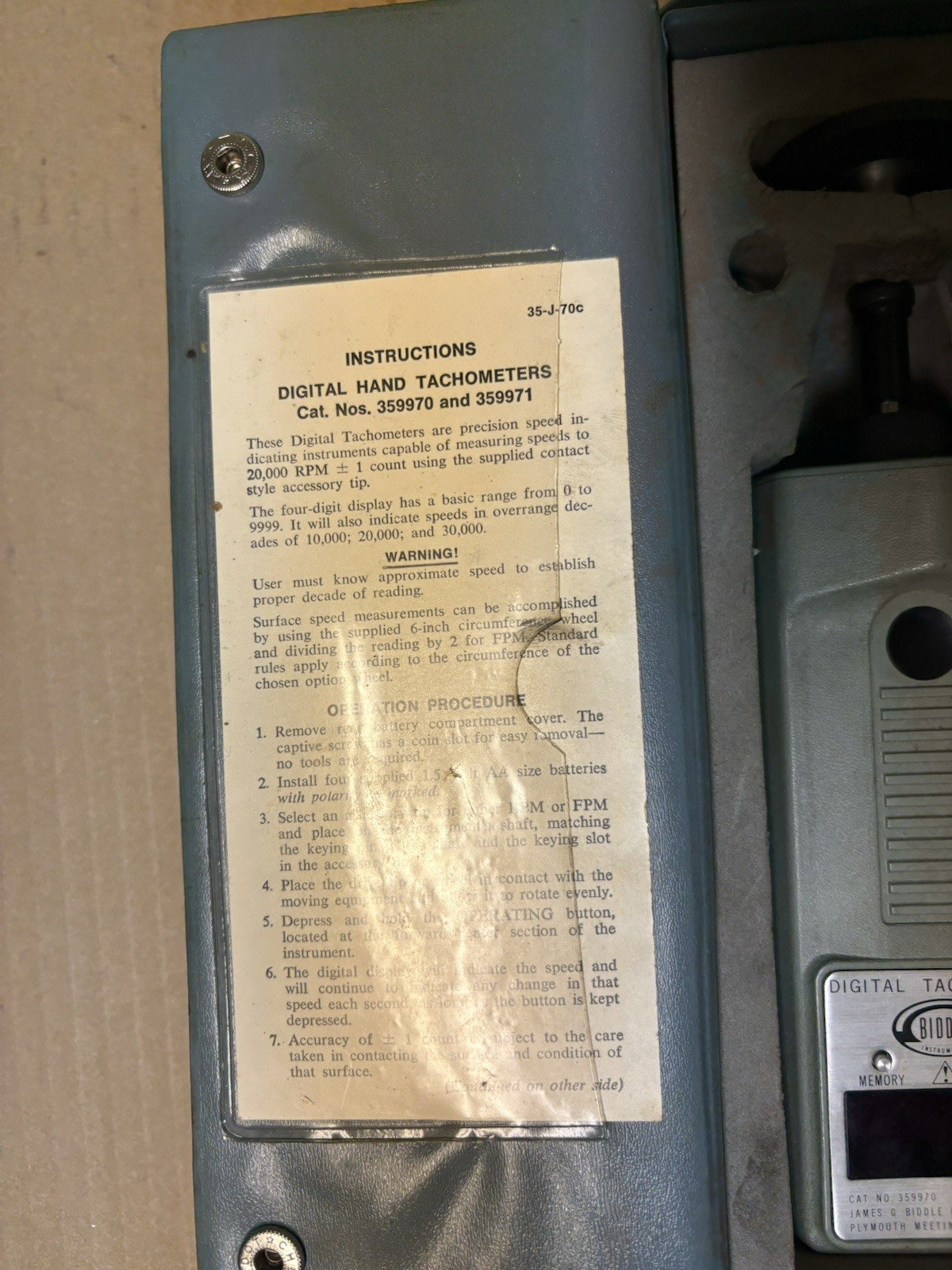 Biddle Digital Hand Tachometer No. 359970 20,000RPM