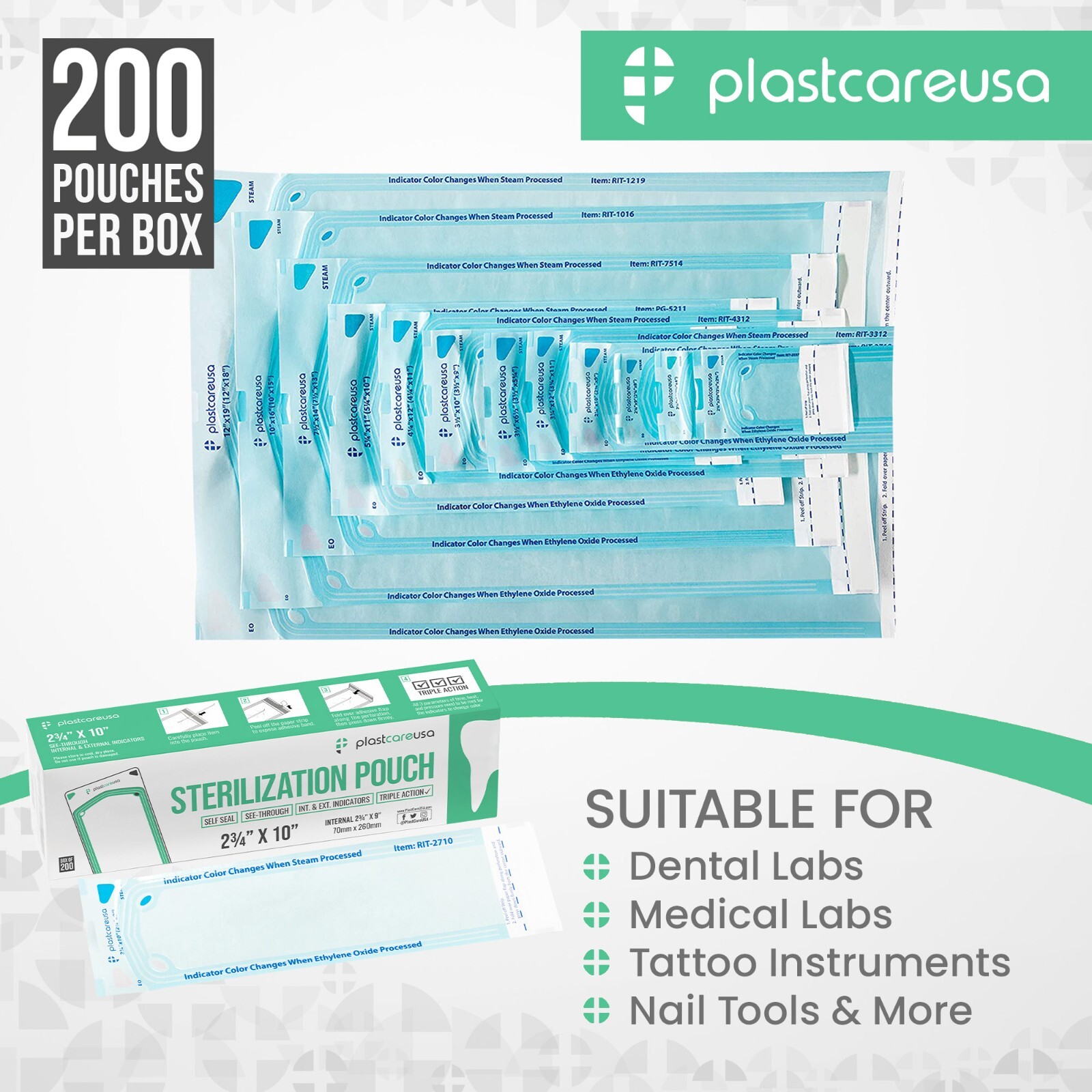 2,000 2.75″ x 10″ Self-Sealing Sterilization Pouches for Autoclave (10 Boxes)