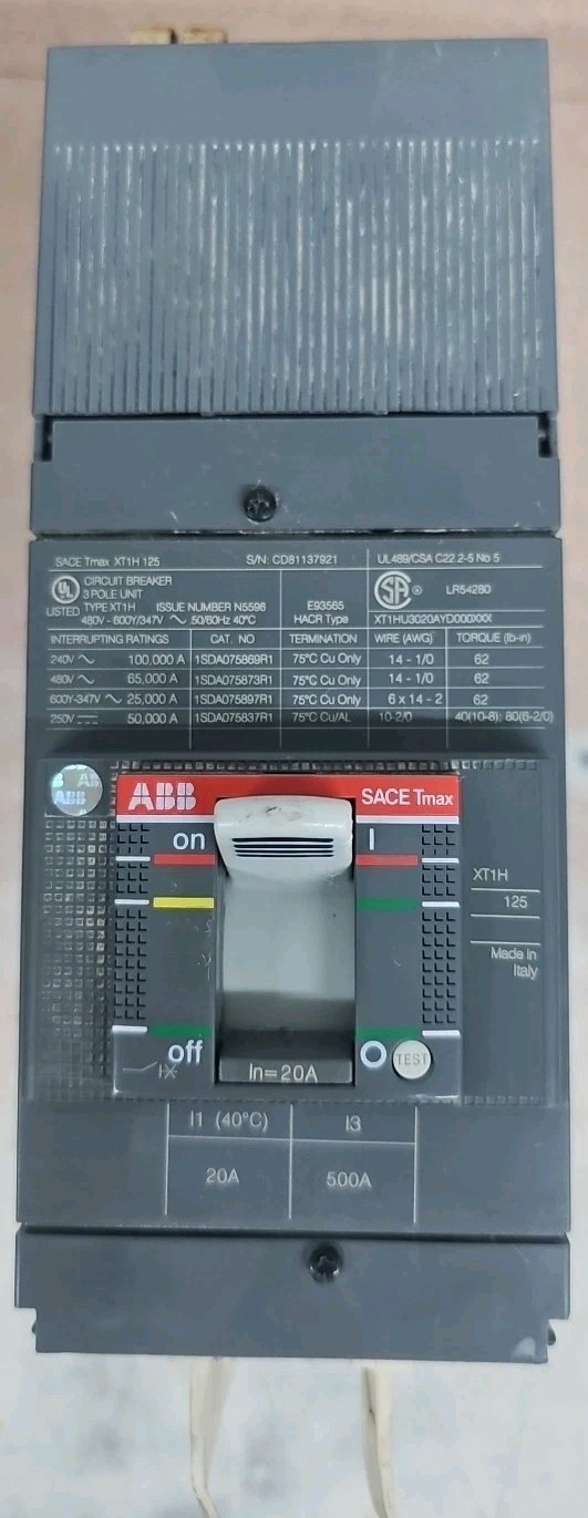 1) New Take Out ABB XT1HU3020AYD000XXX 3 Pole 20A 600V 65kA Circuit Breaker