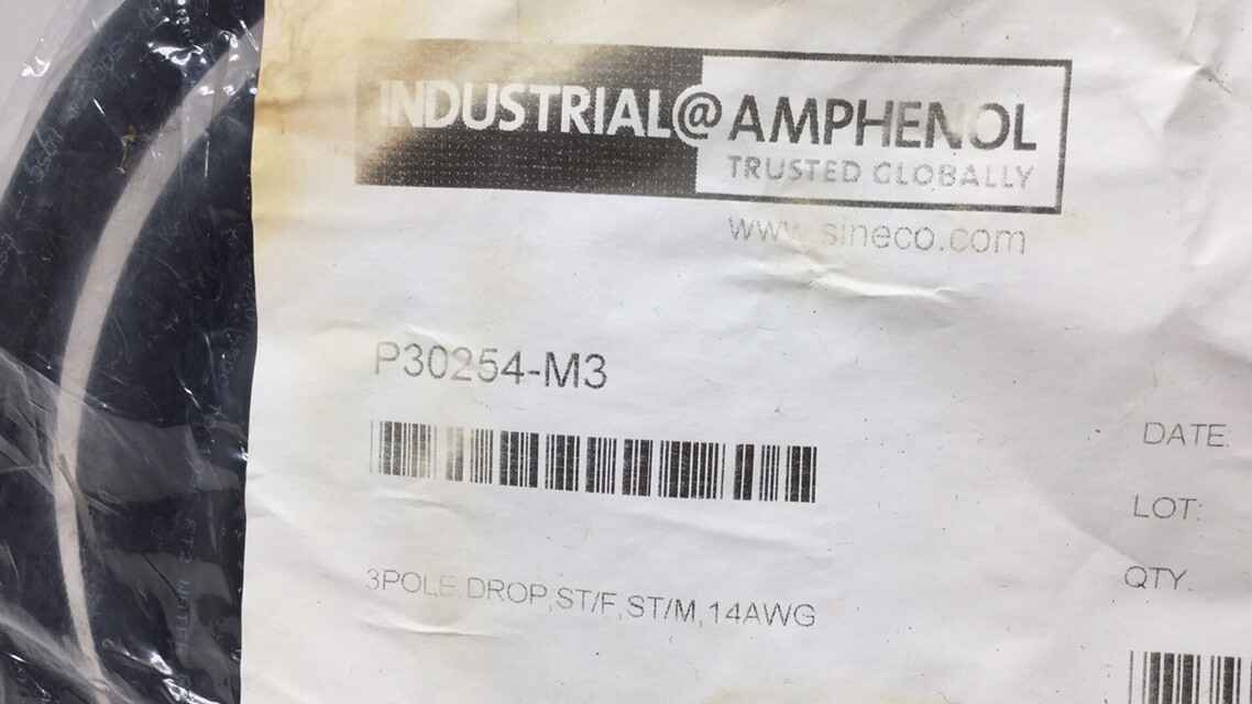 Amphenol Sine Systems P30254-M3 Cable 3 Pole Drop ST/F ST/M 14AWG 3 Meter