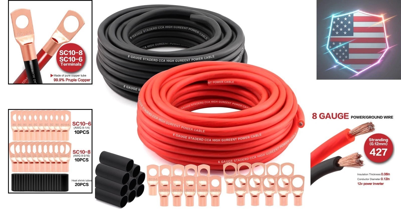 8 Gauge Wire 50ft Each – Red/Black Copper Clad Aluminum CCA – Primary Automot…