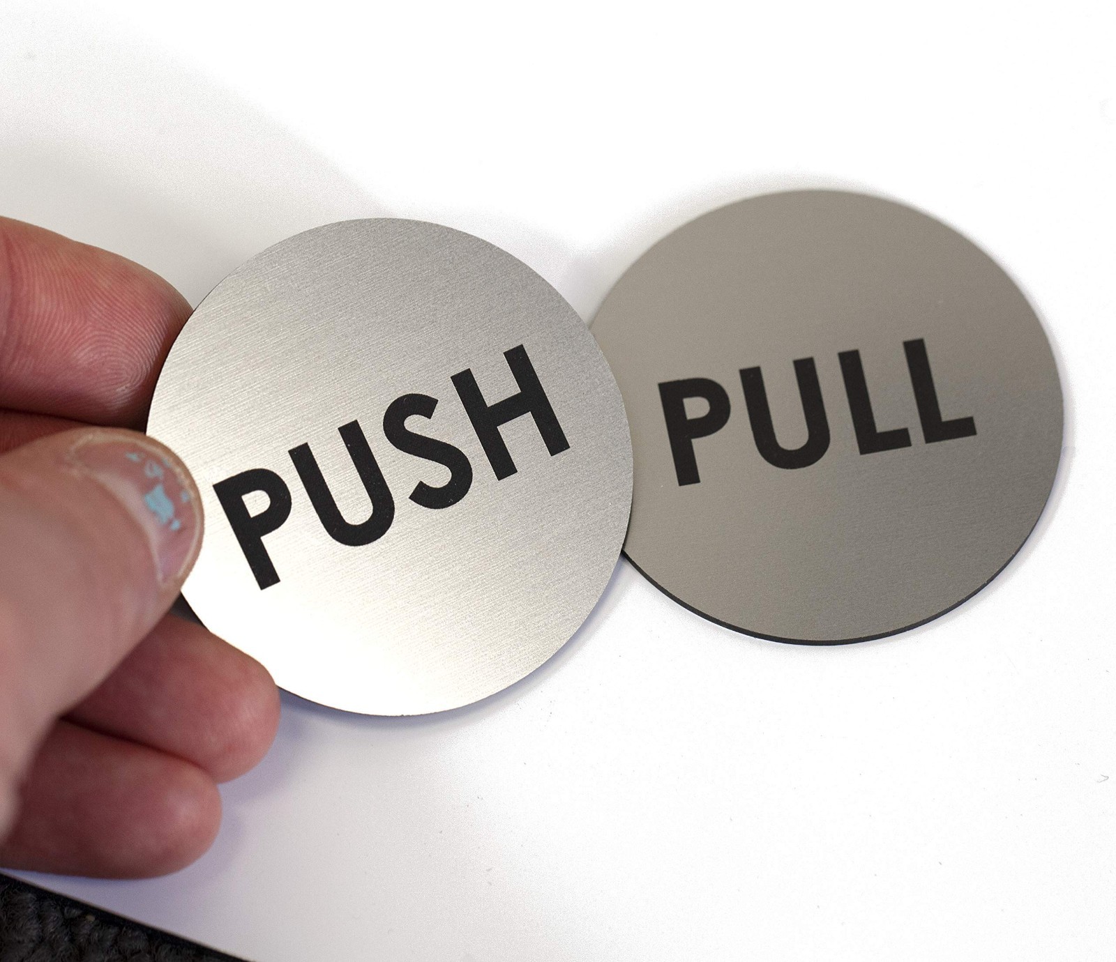 Brushed Silver Push Pull Door Signs – Set of 2, 2″ Round, Laser Engraved, Indoor
