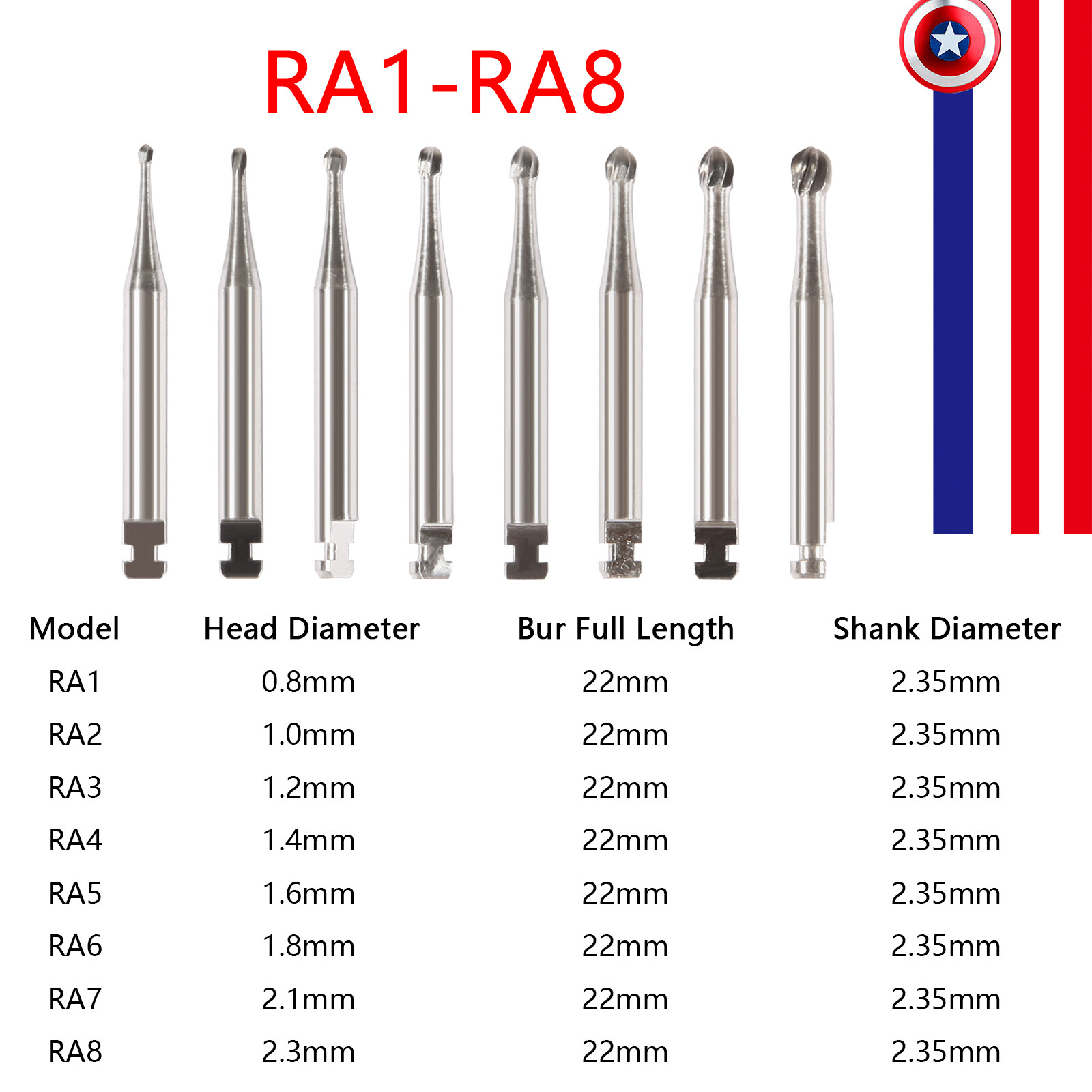 Dental Tungsten Carbide Steel Bur Round for Low Speed Angle Handpiece RA 1-8 po