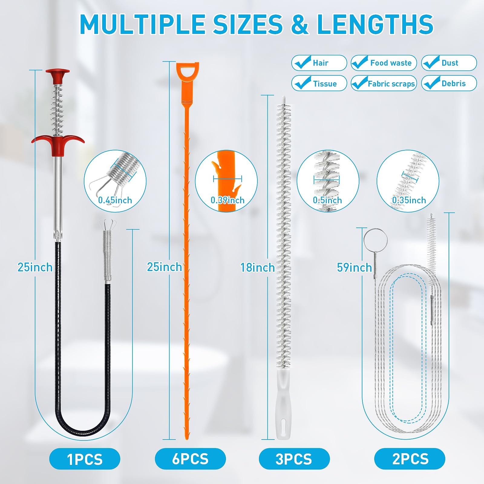 Drain Snake 12 Set with 25 Inch Hair Tool and 59 Inch Cleaner