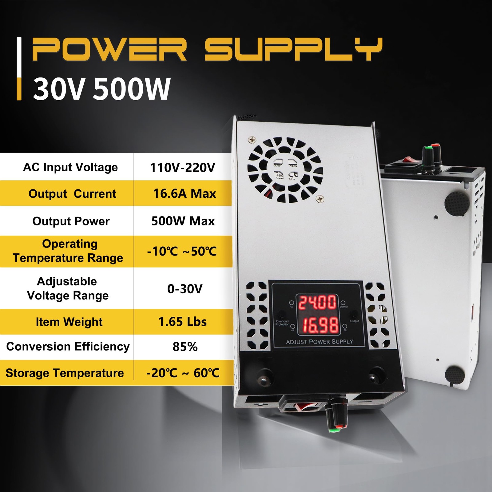 Adjustable 0-30V 16.6A 500W Power Supply, AC 110V/220V to DC 0-30V Buck Conve…