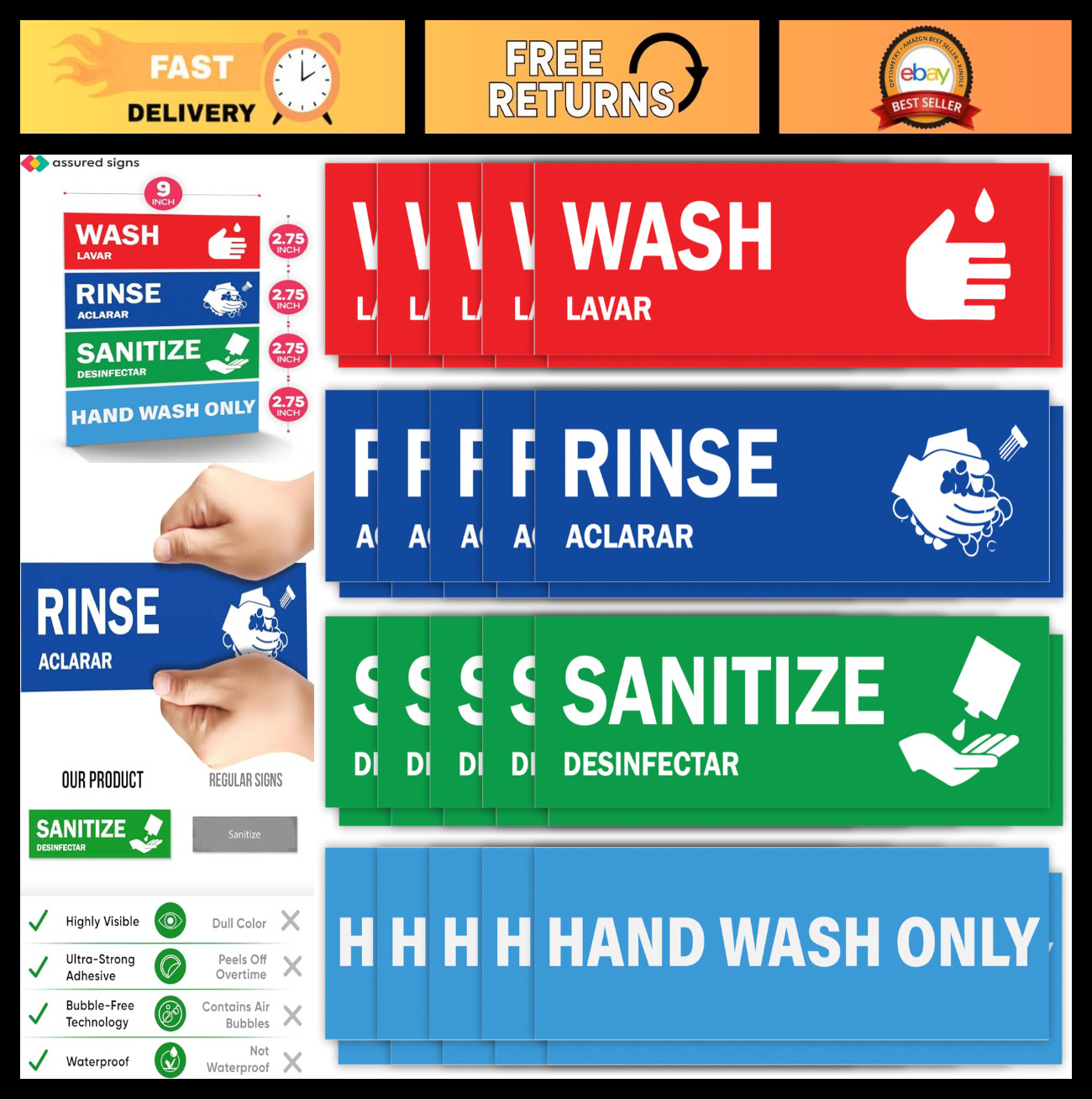 Wash Rinse Sanitize Sink Labels – 10 Pack, 2.75″x9″ – Hand Wash Only Sign – Idea