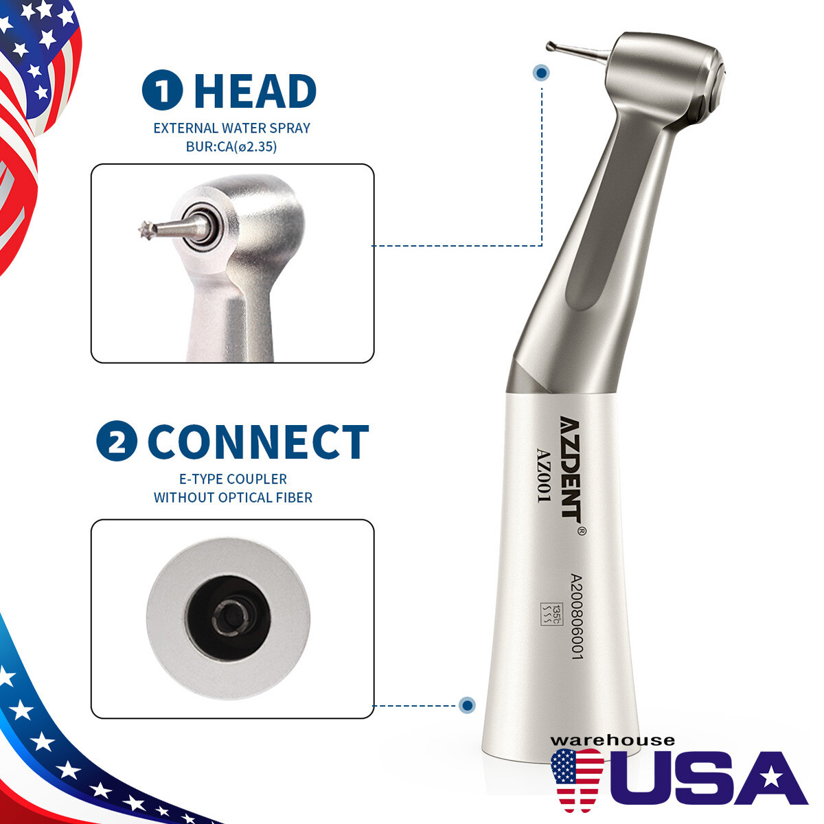 US 5X AZDENT Dental Low Speed Push button Contra Angle Handpiece