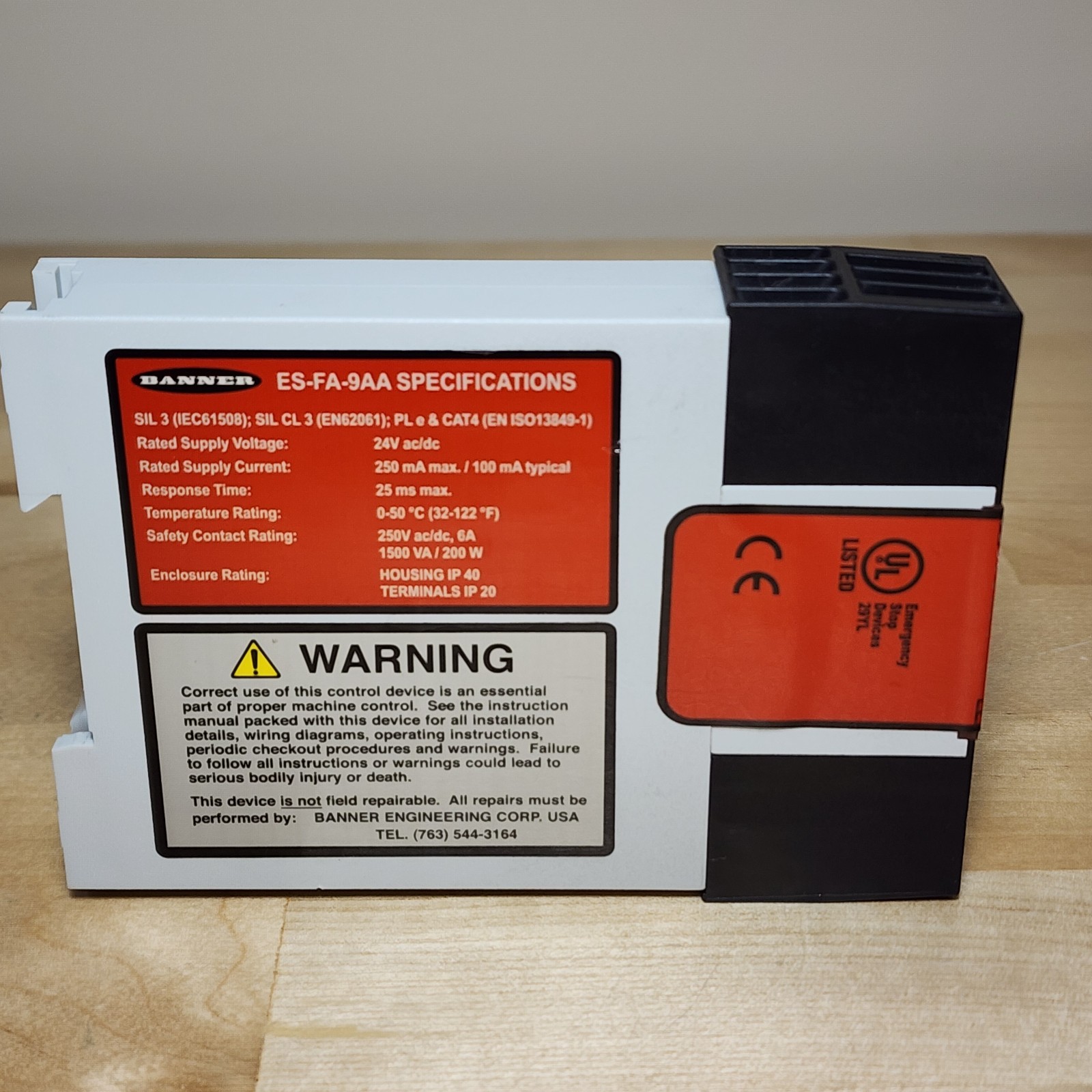 Banner ES-FA-9AA Safety Relay Module E-Stop Rope Pull Interlock 24VAC/DC 60131