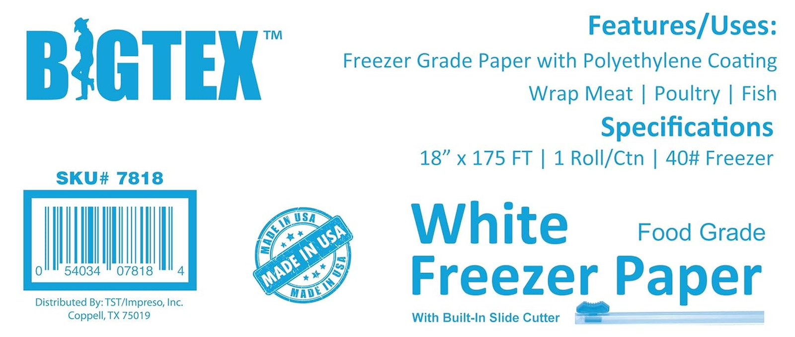 White Freezer Paper 18″ X 175 Ft 2” Core 1 Roll 40Lb. Big Tex by Food Grade Made