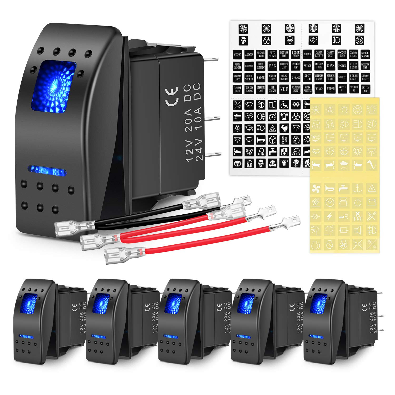 6PCS 5PIN SPST Rocker Switches with 6 Sets Jumper Wires Set 20A/12V 10A/24V On/O