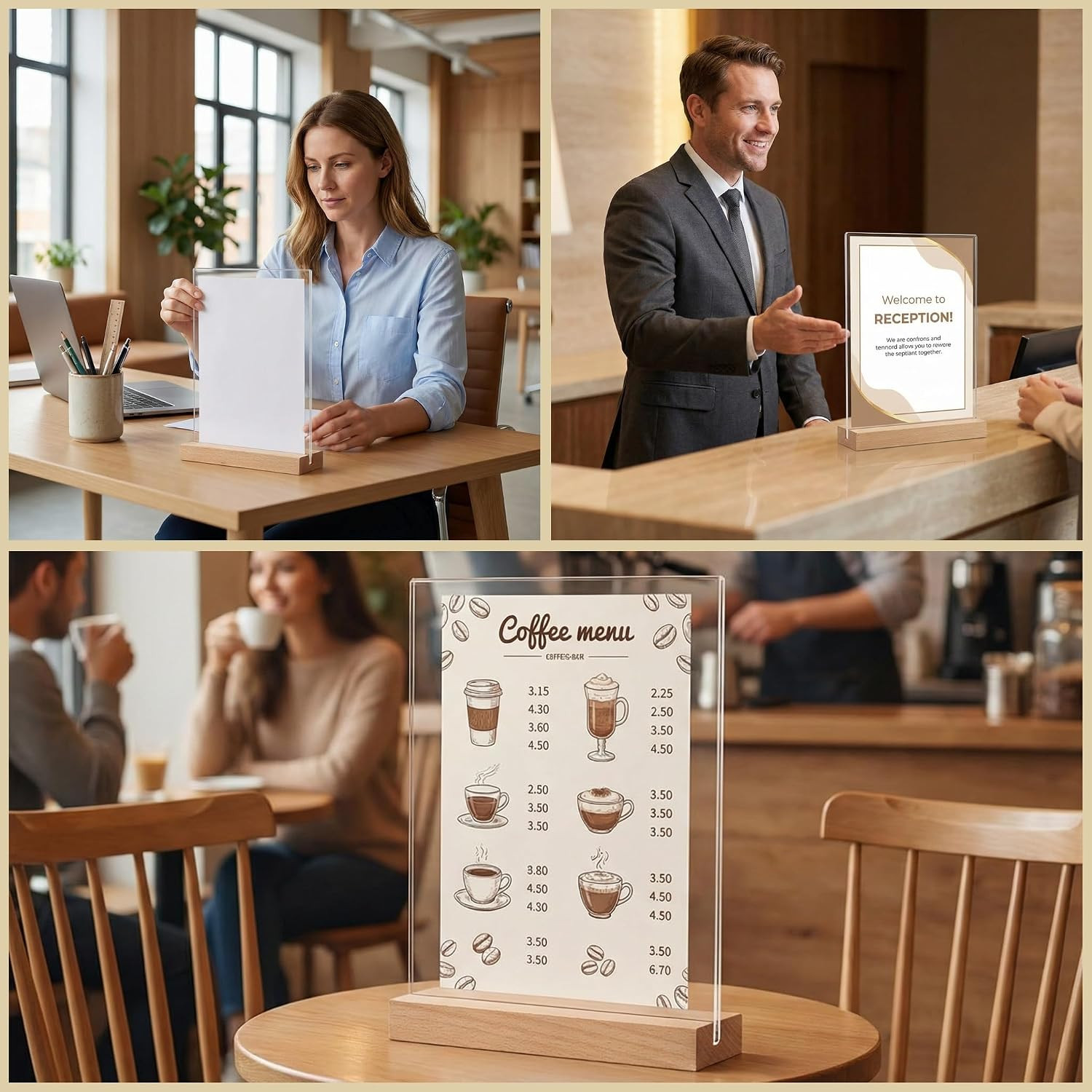 Acrylic Sign Holder 8.5×11 Inch with Solid Wood Base – Thick & Stable Clear Menu